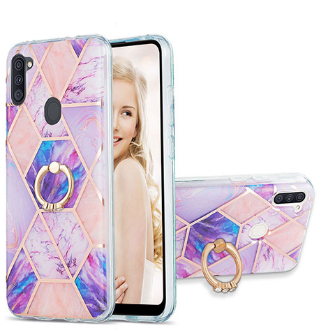 Funda Silicona Gel Goma Patron de Moda Carcasa con Anillo de dedo Soporte Y01B para Samsung Galaxy A11 Purpura Claro