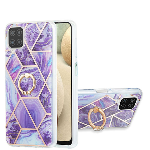 Funda Silicona Gel Goma Patron de Moda Carcasa con Anillo de dedo Soporte Y01B para Samsung Galaxy A12 Morado