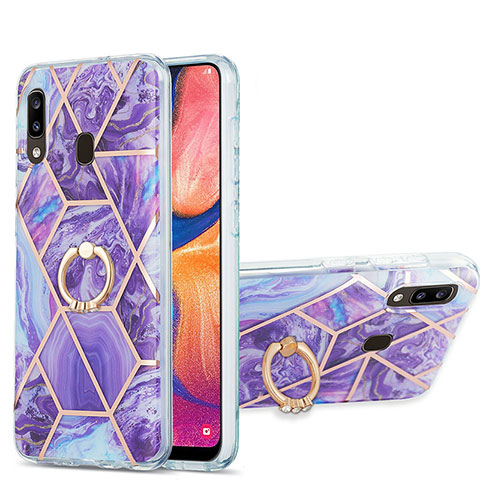 Funda Silicona Gel Goma Patron de Moda Carcasa con Anillo de dedo Soporte Y01B para Samsung Galaxy A20 Morado