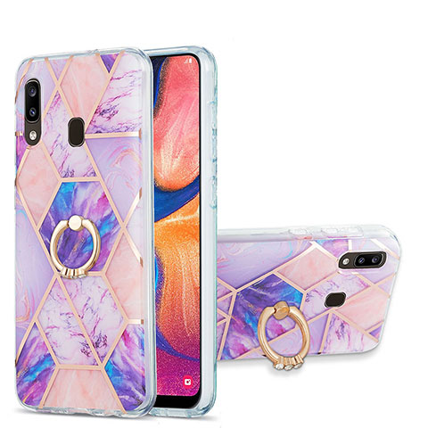 Funda Silicona Gel Goma Patron de Moda Carcasa con Anillo de dedo Soporte Y01B para Samsung Galaxy A20 Purpura Claro