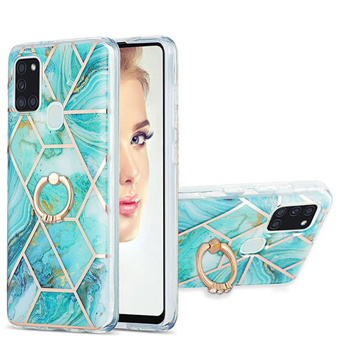 Funda Silicona Gel Goma Patron de Moda Carcasa con Anillo de dedo Soporte Y01B para Samsung Galaxy A21s Menta Verde