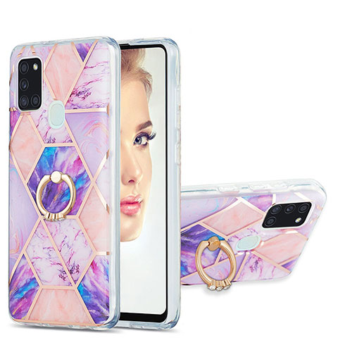 Funda Silicona Gel Goma Patron de Moda Carcasa con Anillo de dedo Soporte Y01B para Samsung Galaxy A21s Purpura Claro