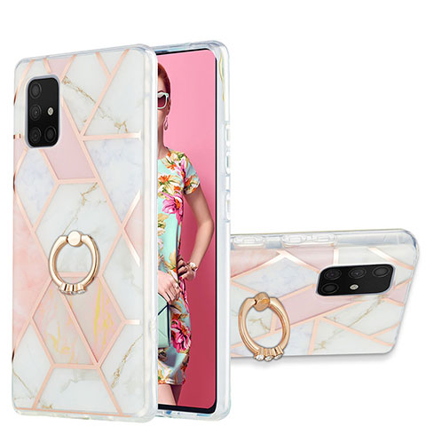 Funda Silicona Gel Goma Patron de Moda Carcasa con Anillo de dedo Soporte Y01B para Samsung Galaxy A71 4G A715 Rosa