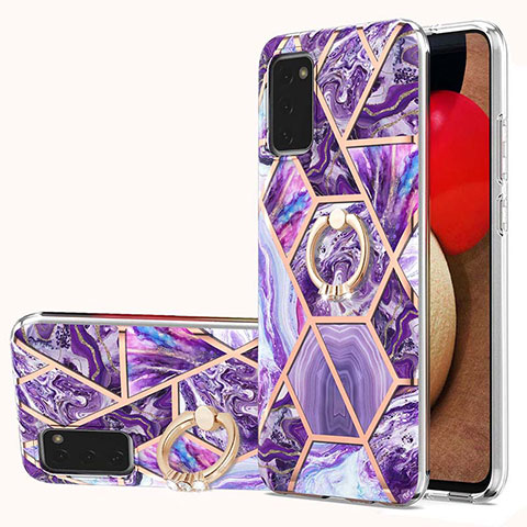 Funda Silicona Gel Goma Patron de Moda Carcasa con Anillo de dedo Soporte Y01B para Samsung Galaxy F02S SM-E025F Morado