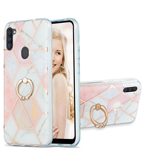 Funda Silicona Gel Goma Patron de Moda Carcasa con Anillo de dedo Soporte Y01B para Samsung Galaxy M11 Rosa