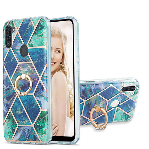 Funda Silicona Gel Goma Patron de Moda Carcasa con Anillo de dedo Soporte Y01B para Samsung Galaxy M11 Verde Noche