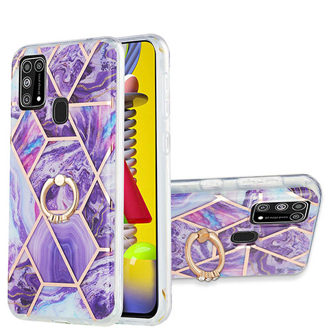 Funda Silicona Gel Goma Patron de Moda Carcasa con Anillo de dedo Soporte Y01B para Samsung Galaxy M21s Morado