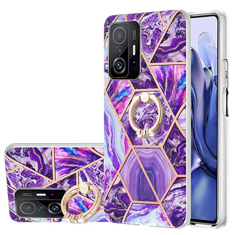 Funda Silicona Gel Goma Patron de Moda Carcasa con Anillo de dedo Soporte Y01B para Xiaomi Mi 11T 5G Morado