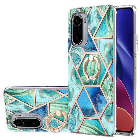 Funda Silicona Gel Goma Patron de Moda Carcasa con Anillo de dedo Soporte Y01B para Xiaomi Poco F3 5G Menta Verde