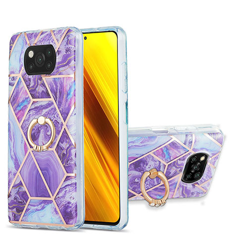 Funda Silicona Gel Goma Patron de Moda Carcasa con Anillo de dedo Soporte Y01B para Xiaomi Poco X3 NFC Morado