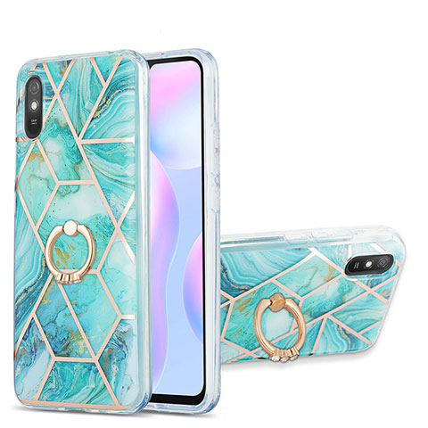 Funda Silicona Gel Goma Patron de Moda Carcasa con Anillo de dedo Soporte Y01B para Xiaomi Redmi 9AT Menta Verde