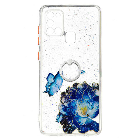 Funda Silicona Gel Goma Patron de Moda Carcasa con Anillo de dedo Soporte Y01X para Samsung Galaxy A21s Azul