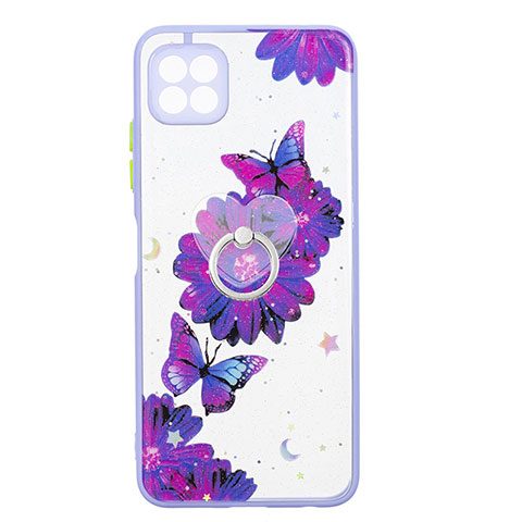 Funda Silicona Gel Goma Patron de Moda Carcasa con Anillo de dedo Soporte Y01X para Samsung Galaxy A22 5G Morado