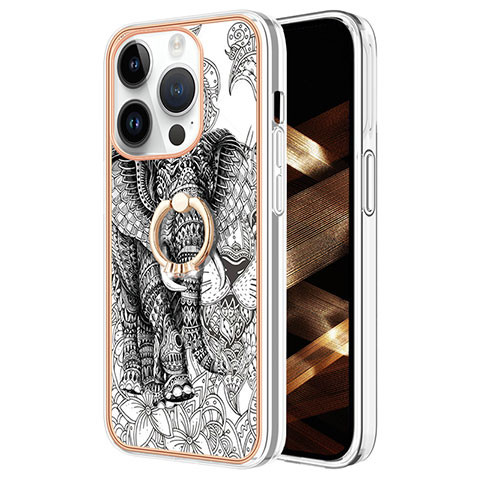 Funda Silicona Gel Goma Patron de Moda Carcasa con Anillo de dedo Soporte Y02B para Apple iPhone 13 Pro Gris