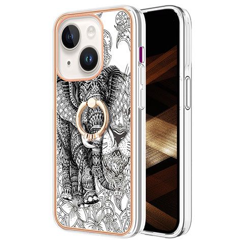 Funda Silicona Gel Goma Patron de Moda Carcasa con Anillo de dedo Soporte Y02B para Apple iPhone 15 Plus Gris