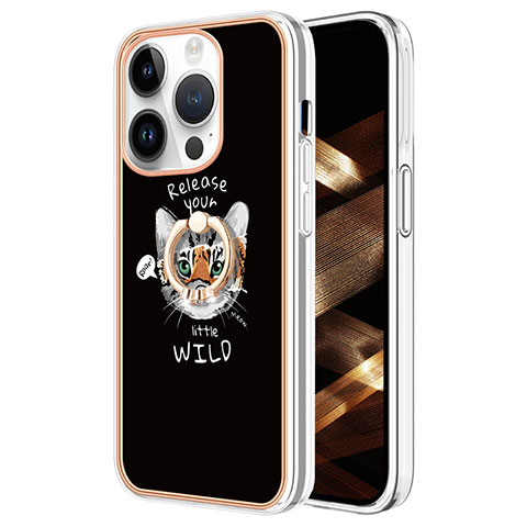 Funda Silicona Gel Goma Patron de Moda Carcasa con Anillo de dedo Soporte Y02B para Apple iPhone 16 Pro Negro