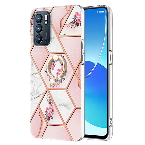 Funda Silicona Gel Goma Patron de Moda Carcasa con Anillo de dedo Soporte Y02B para Oppo Reno6 5G Rosa