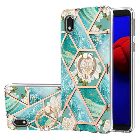 Funda Silicona Gel Goma Patron de Moda Carcasa con Anillo de dedo Soporte Y02B para Samsung Galaxy A01 Core Verde