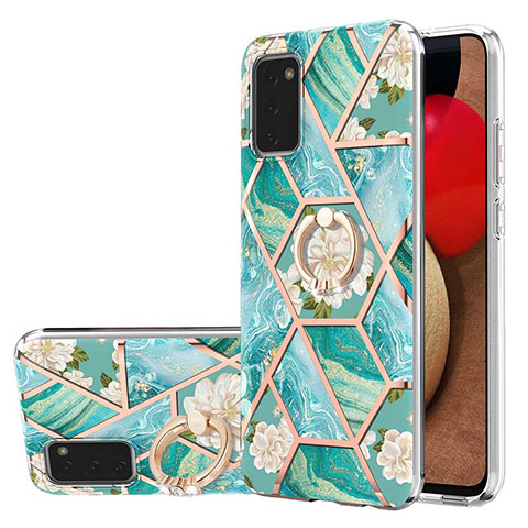 Funda Silicona Gel Goma Patron de Moda Carcasa con Anillo de dedo Soporte Y02B para Samsung Galaxy A03s Verde