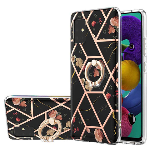 Funda Silicona Gel Goma Patron de Moda Carcasa con Anillo de dedo Soporte Y02B para Samsung Galaxy A51 4G Negro