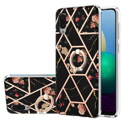 Funda Silicona Gel Goma Patron de Moda Carcasa con Anillo de dedo Soporte Y02B para Samsung Galaxy M02 Negro