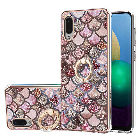 Funda Silicona Gel Goma Patron de Moda Carcasa con Anillo de dedo Soporte Y03B para Samsung Galaxy M02 Marron