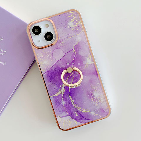 Funda Silicona Gel Goma Patron de Moda Carcasa con Anillo de dedo Soporte Y05B para Apple iPhone 13 Morado