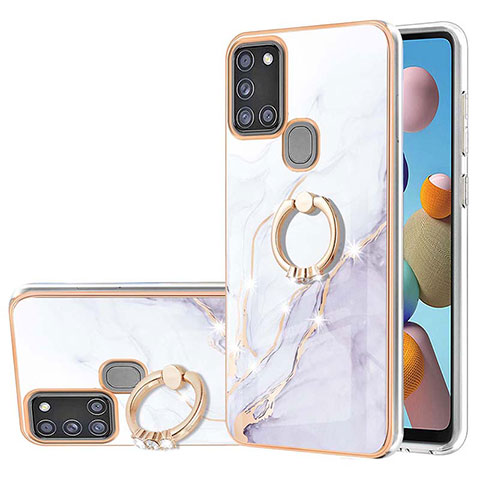 Funda Silicona Gel Goma Patron de Moda Carcasa con Anillo de dedo Soporte Y05B para Samsung Galaxy A21s Blanco