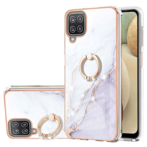 Funda Silicona Gel Goma Patron de Moda Carcasa con Anillo de dedo Soporte Y05B para Samsung Galaxy F12 Blanco