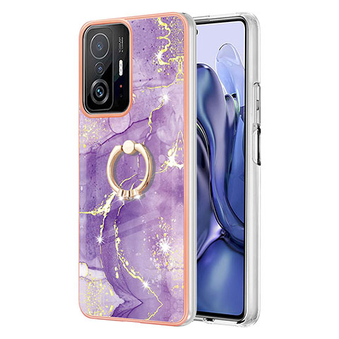 Funda Silicona Gel Goma Patron de Moda Carcasa con Anillo de dedo Soporte Y05B para Xiaomi Mi 11T Pro 5G Morado