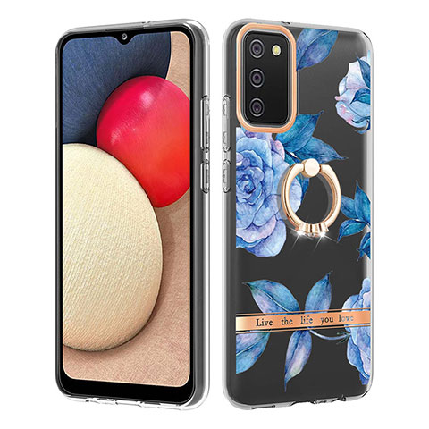 Funda Silicona Gel Goma Patron de Moda Carcasa con Anillo de dedo Soporte Y06B para Samsung Galaxy A03s Azul