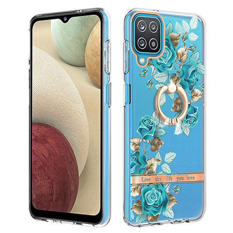 Funda Silicona Gel Goma Patron de Moda Carcasa con Anillo de dedo Soporte Y06B para Samsung Galaxy A12 Cian