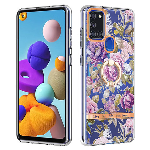 Funda Silicona Gel Goma Patron de Moda Carcasa con Anillo de dedo Soporte Y06B para Samsung Galaxy A21s Purpura Claro