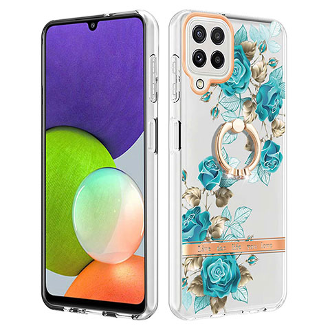 Funda Silicona Gel Goma Patron de Moda Carcasa con Anillo de dedo Soporte Y06B para Samsung Galaxy A22 4G Cian