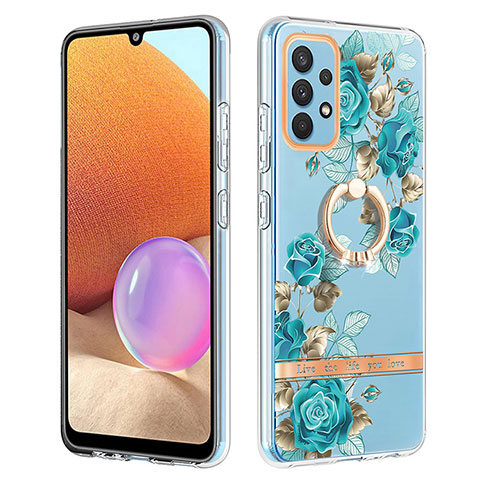 Funda Silicona Gel Goma Patron de Moda Carcasa con Anillo de dedo Soporte Y06B para Samsung Galaxy A32 4G Cian