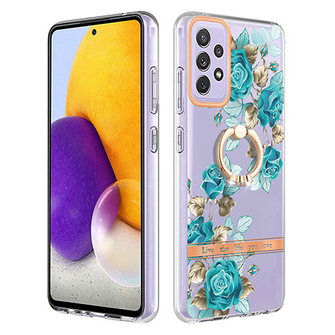 Funda Silicona Gel Goma Patron de Moda Carcasa con Anillo de dedo Soporte Y06B para Samsung Galaxy A72 4G Cian