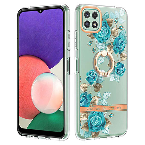 Funda Silicona Gel Goma Patron de Moda Carcasa con Anillo de dedo Soporte Y06B para Samsung Galaxy F42 5G Cian