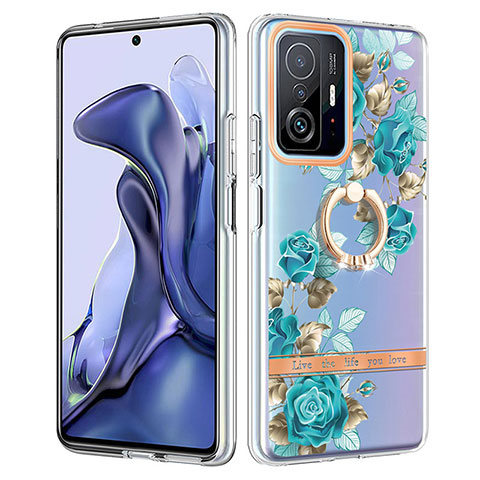 Funda Silicona Gel Goma Patron de Moda Carcasa con Anillo de dedo Soporte Y06B para Xiaomi Mi 11T Pro 5G Cian