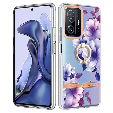 Funda Silicona Gel Goma Patron de Moda Carcasa con Anillo de dedo Soporte Y06B para Xiaomi Mi 11T Pro 5G Morado