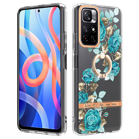 Funda Silicona Gel Goma Patron de Moda Carcasa con Anillo de dedo Soporte Y06B para Xiaomi Poco M4 Pro 5G Cian