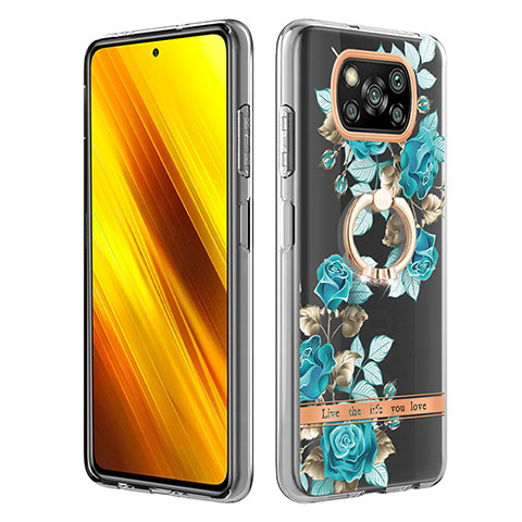 Funda Silicona Gel Goma Patron de Moda Carcasa con Anillo de dedo Soporte Y06B para Xiaomi Poco X3 Pro Cian