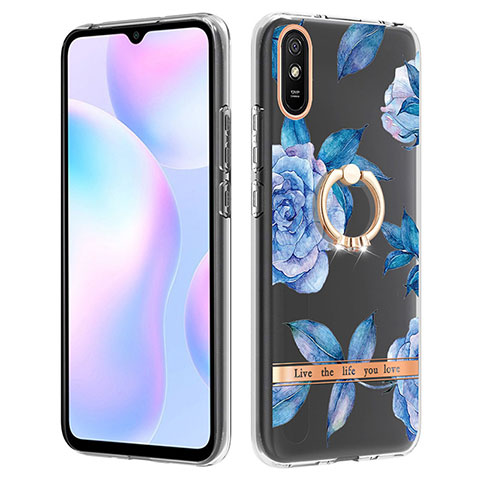 Funda Silicona Gel Goma Patron de Moda Carcasa con Anillo de dedo Soporte Y06B para Xiaomi Redmi 9i Azul