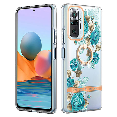 Funda Silicona Gel Goma Patron de Moda Carcasa con Anillo de dedo Soporte Y06B para Xiaomi Redmi Note 10 Pro Max Cian