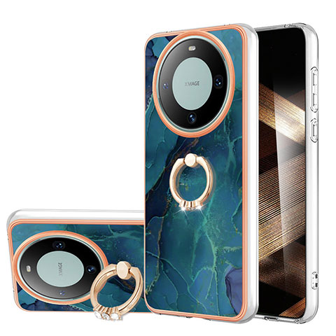 Funda Silicona Gel Goma Patron de Moda Carcasa con Anillo de dedo Soporte YB1 para Huawei Mate 60 Pro Verde