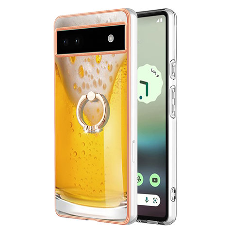 Funda Silicona Gel Goma Patron de Moda Carcasa con Anillo de dedo Soporte YB2 para Google Pixel 6a 5G Amarillo