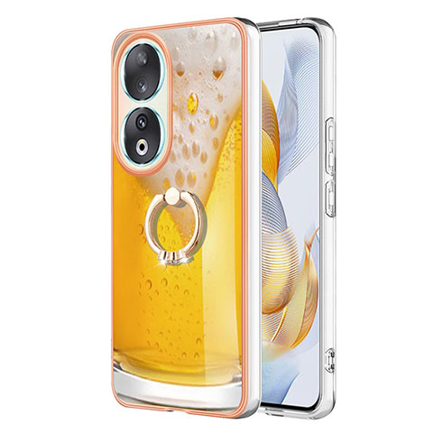 Funda Silicona Gel Goma Patron de Moda Carcasa con Anillo de dedo Soporte YB2 para Huawei Honor 90 5G Amarillo