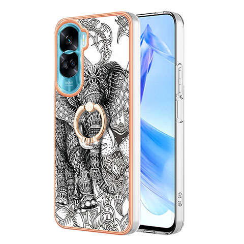 Funda Silicona Gel Goma Patron de Moda Carcasa con Anillo de dedo Soporte YB2 para Huawei Honor 90 Lite 5G Gris