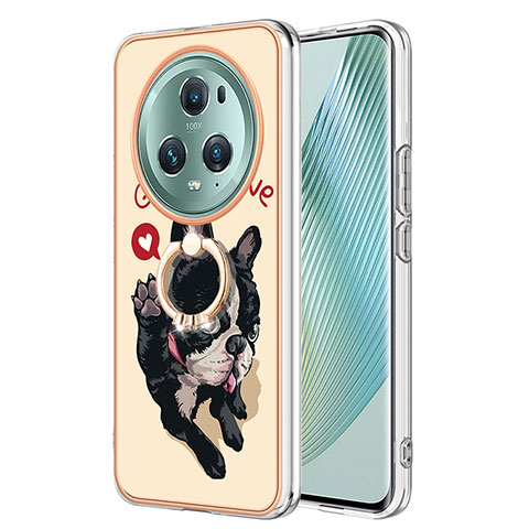 Funda Silicona Gel Goma Patron de Moda Carcasa con Anillo de dedo Soporte YB2 para Huawei Honor Magic5 Pro 5G Caqui