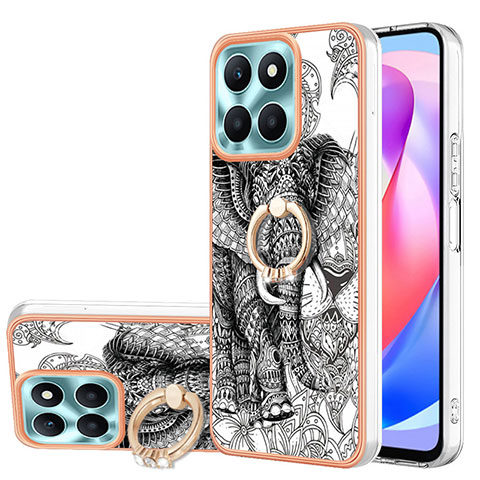 Funda Silicona Gel Goma Patron de Moda Carcasa con Anillo de dedo Soporte YB2 para Huawei Honor X6a Gris