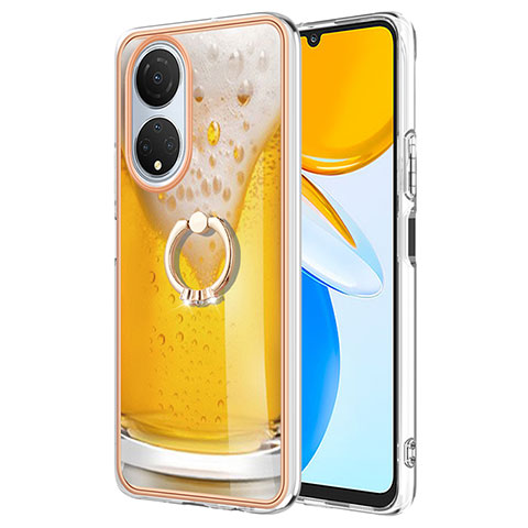 Funda Silicona Gel Goma Patron de Moda Carcasa con Anillo de dedo Soporte YB2 para Huawei Honor X7 Amarillo